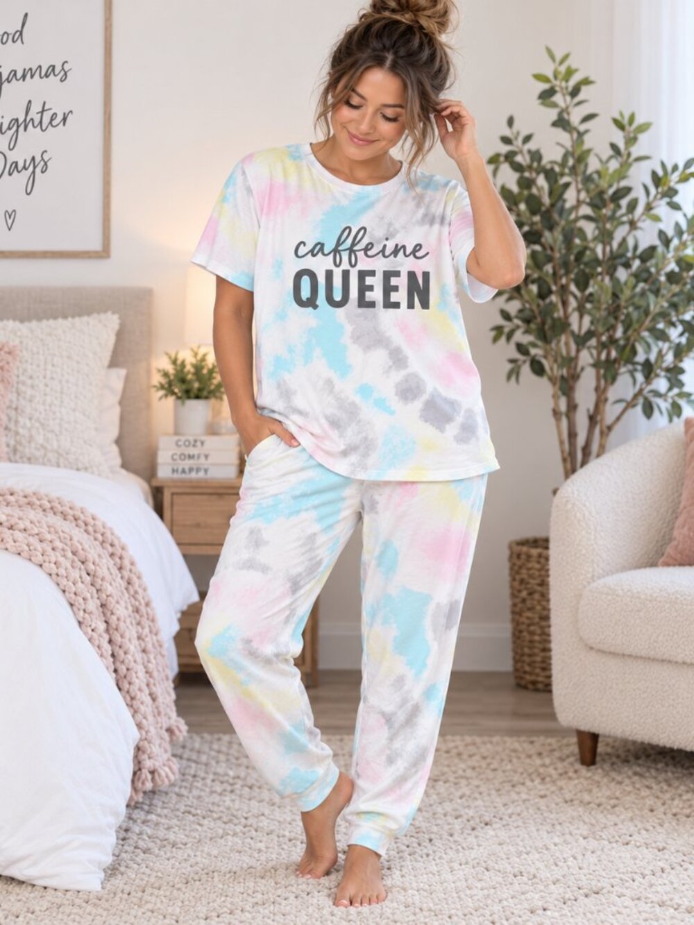 Secret Treasures, Pastel Tie Dye Pajama Set, Size S Oversized, Caffeine Queen